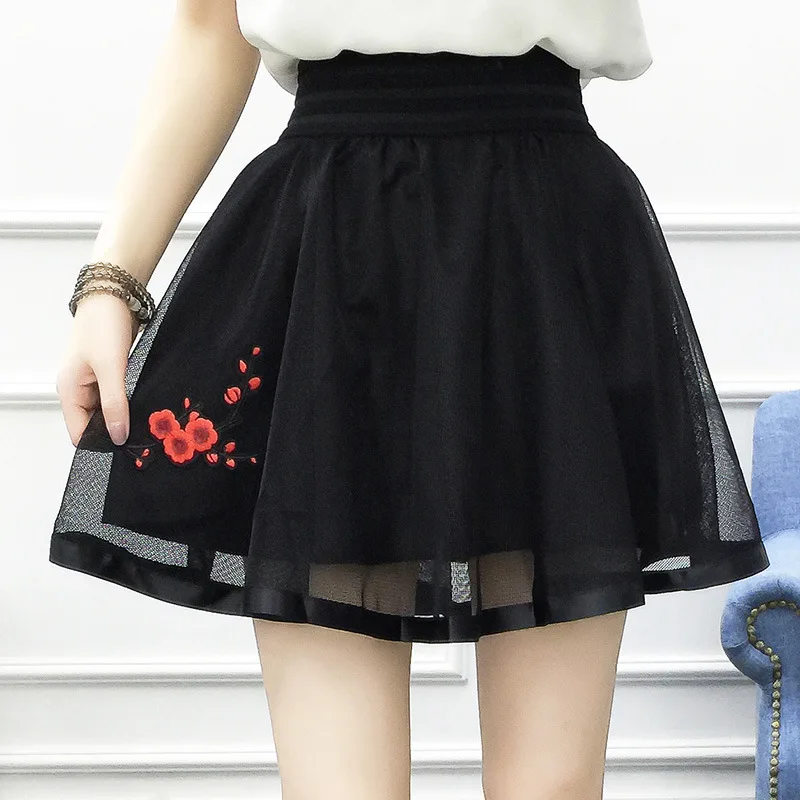 Весна осень Женщин Эластичная Высокая талия цветы вышивка черный мини юбка