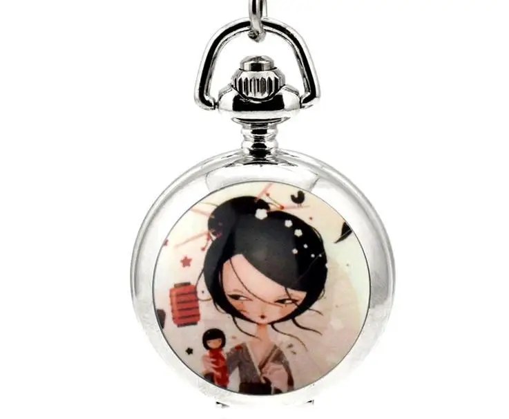 

Animated cartoon silver Kokeshi quartz pocket watches necklace pendant of woman children gift
