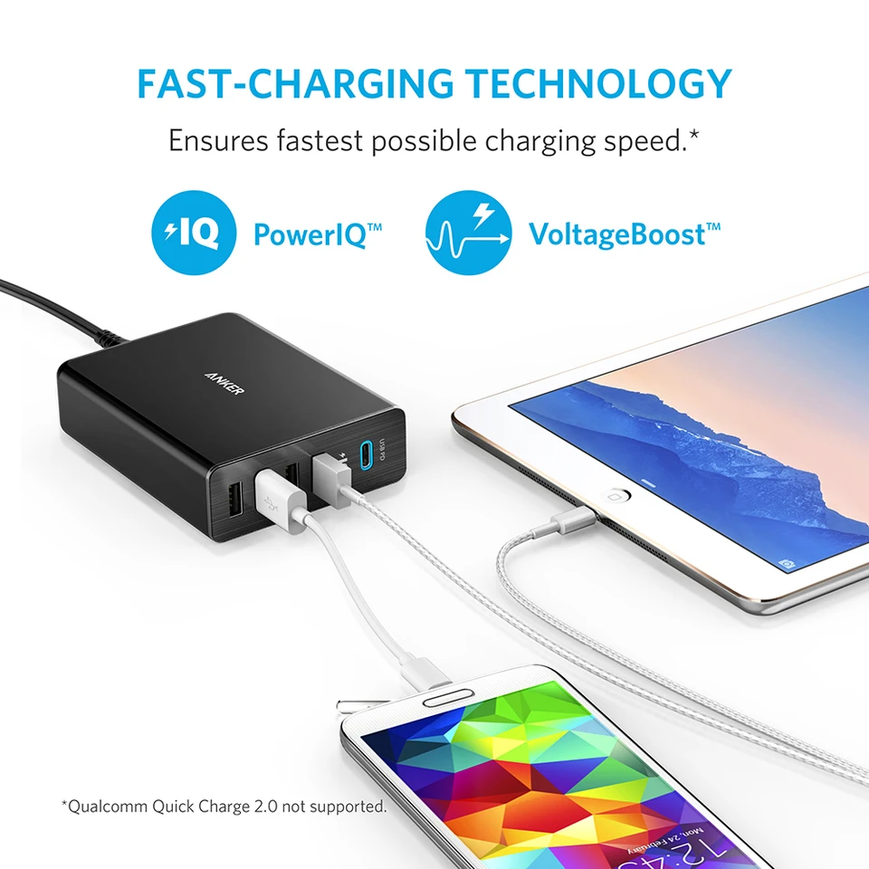 Anker usb type-C 5-port Total 60 Вт USB Wall charger порт питания + 5 с доставкой для Apple Macbook iphone 8 X |