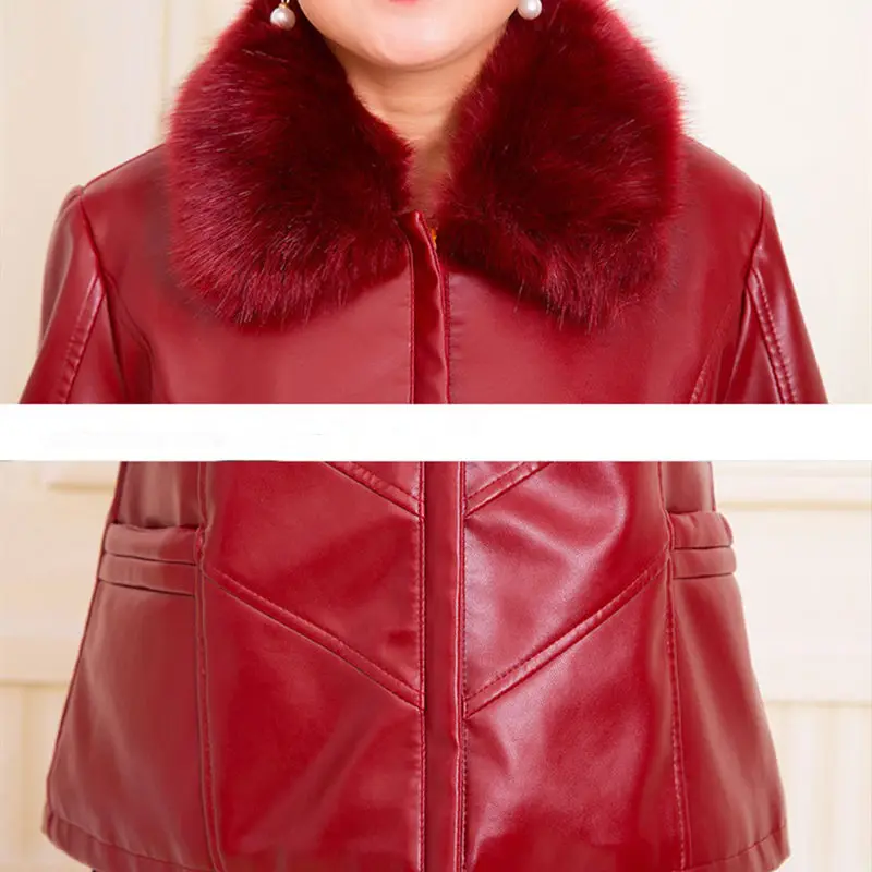 

PU Faux Leather Jacket Women Red Mom's Clothing Loose Fur Collar Plus Size 6XL Vintage Coat Female Chamarra Cuero Mujer AC132