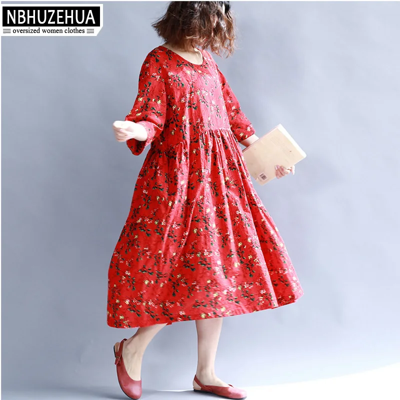 NBHUZEHUA 7G645 Mori Girl Стиль женские платья Большой размер цветочный Красный платье плюс
