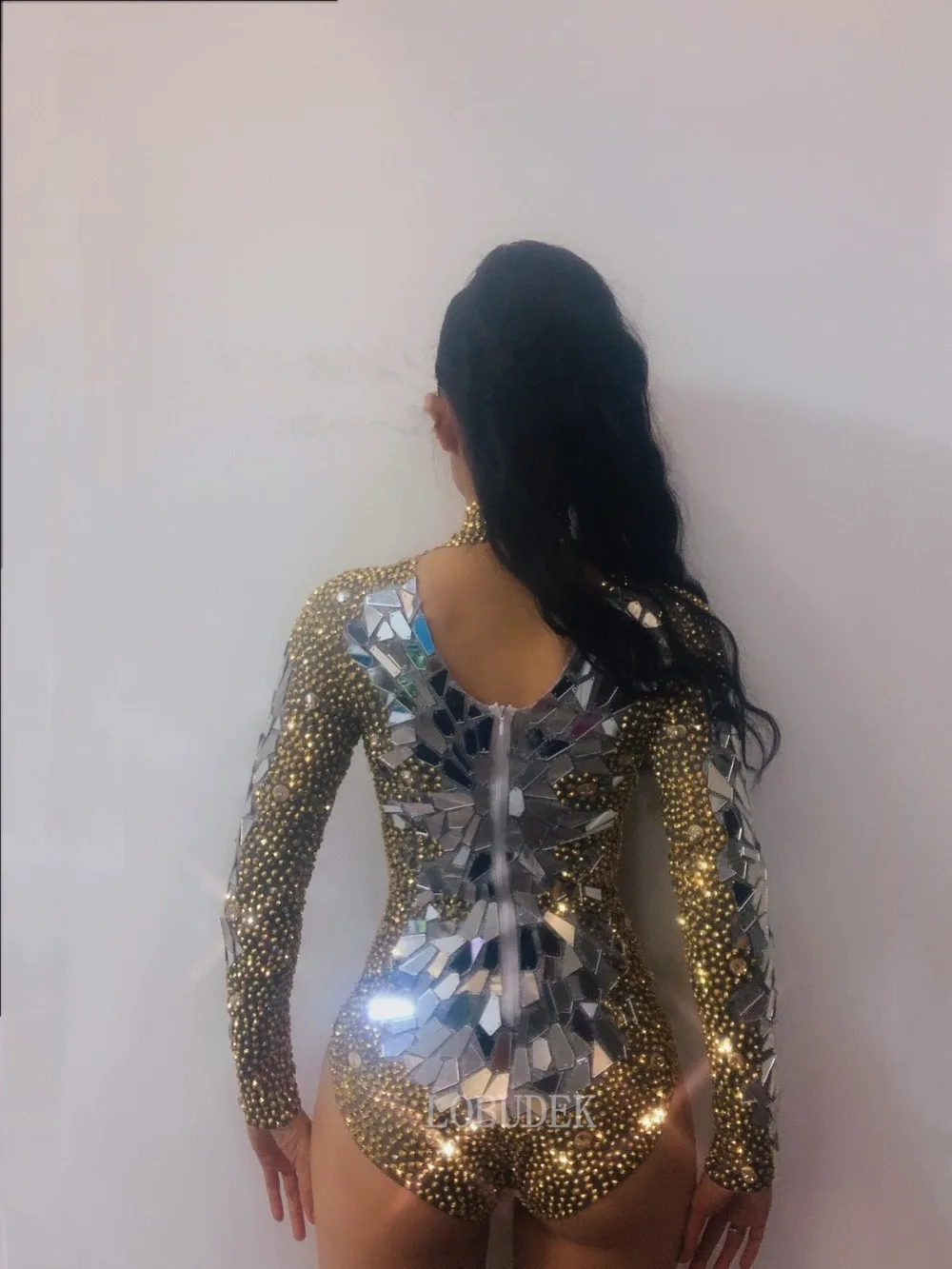 Gold Rhinestones Shiny Silver Mirror Bodysuit Nightclub Dance Costume Bar Sexy DJ Lady Singer Stage Wear Elastic Crystal Leotard