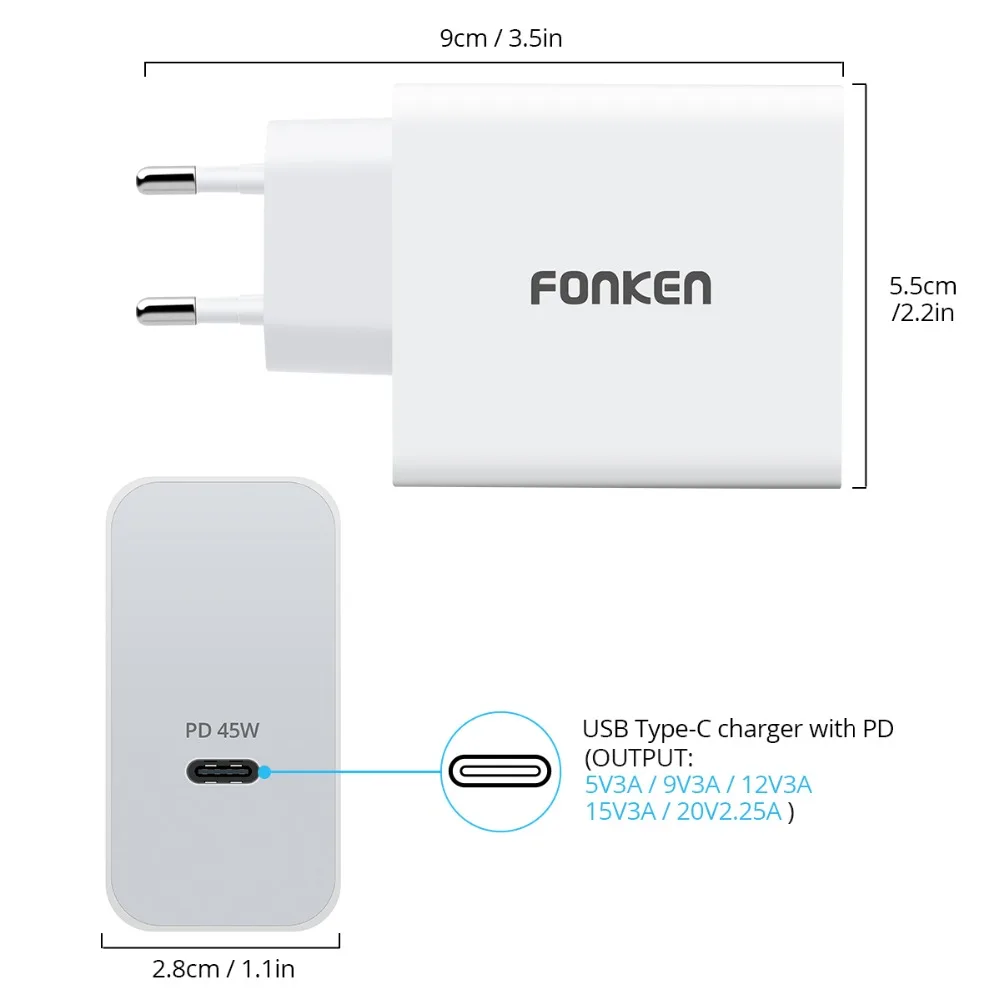 FONKEN type-C 45 Вт PD зарядное устройство с USB C кабелем Быстрая Зарядка телефона USB зарядное устройство 15 в 3 А Тип C ноутбук быстро настенный USB адаптер для путешествий