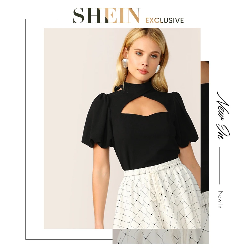 SHEIN, Сексуальная Блузка с вырезом, с пышным рукавом, черная, короткий рукав, женские топы, летние, элегантные, со стоячим воротником, Женские топы и блузки