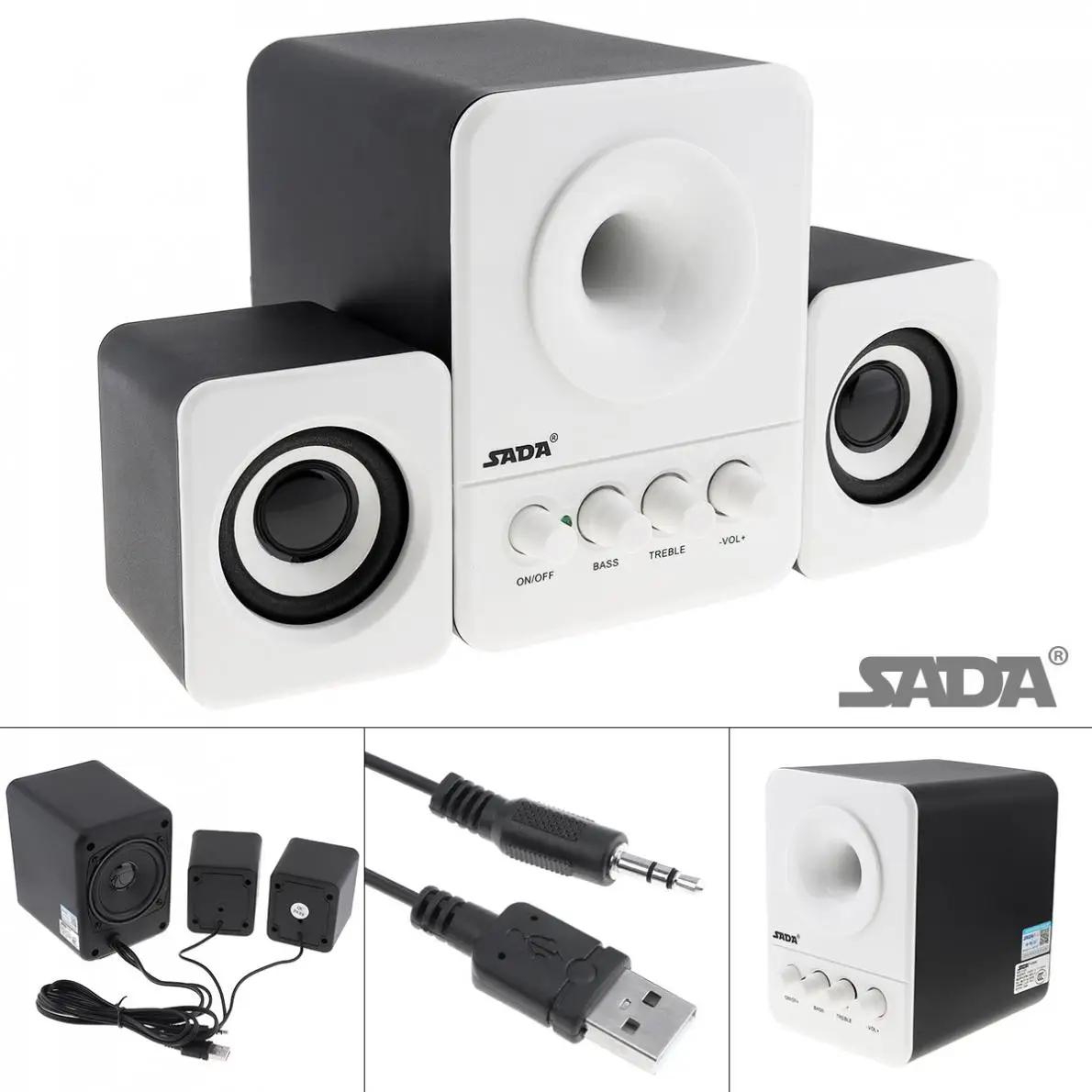 SADA Wired Mini Bass Cannon 3W PC Combination Speaker Column Computer Speaker with 3.5mm Stereo Jack and USB 2.1 Wired Powered