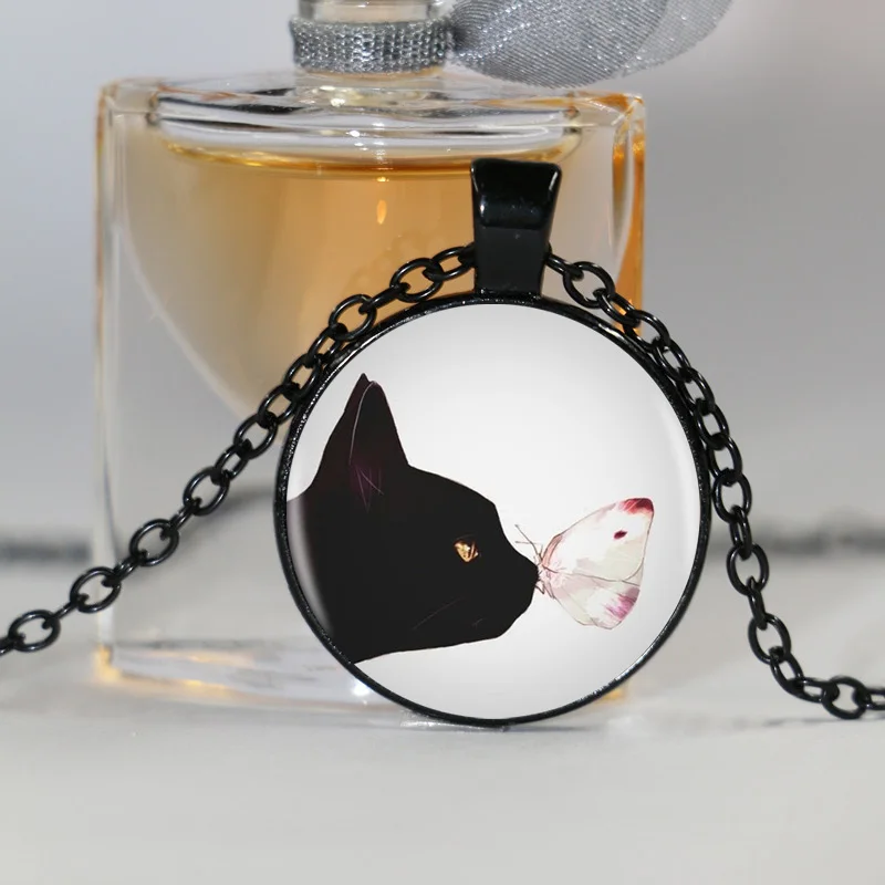 Подвеска "Черная кошка и бабочка" с длинной цепью из серебра высокого качества, изготовленная вручную для женщин.