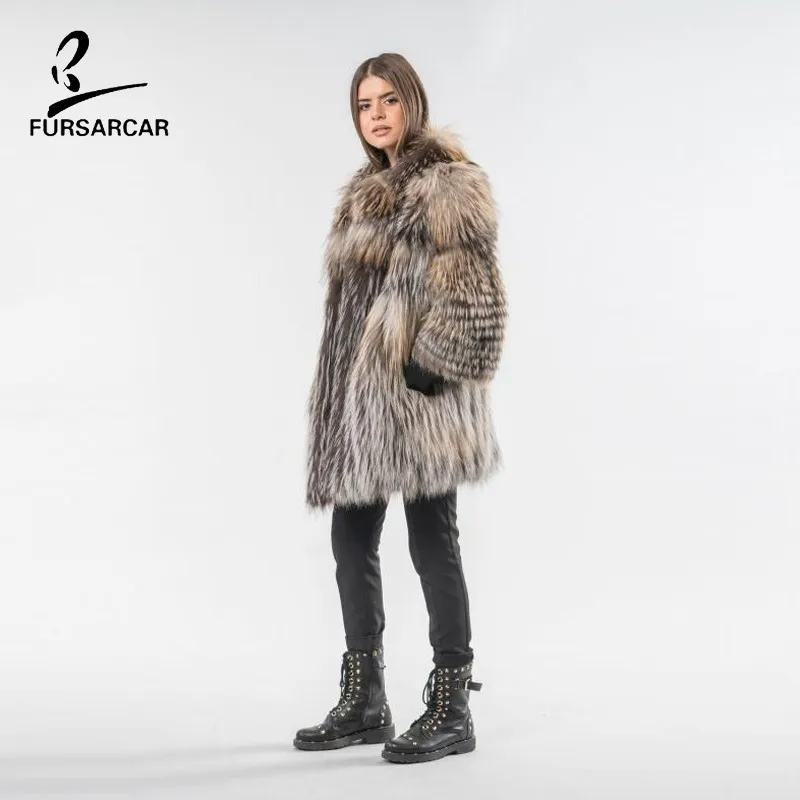 Женское пальто с лисьим мехом длинная куртка в полоску большого размера 2019 |
