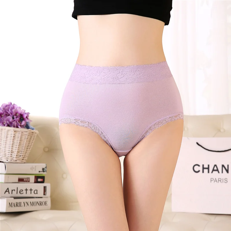 Purple Женские хлопковые трусики с высокой талией, нижнее белье больших размеров, женские сексуальные мягкие кружевные бесшовные трусы, женские сексуальные трусики, хорошая эластичность - Цвет: Purple
