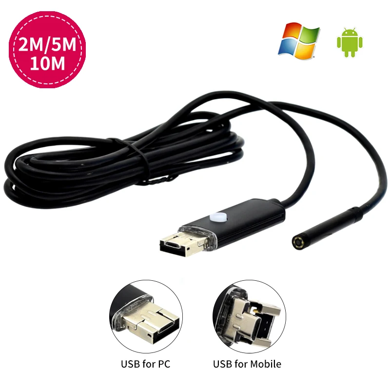 Android эндоскоп камера 2 м 5 мм 2в1 трубка USB труба водонепроницаемый телефон ПК