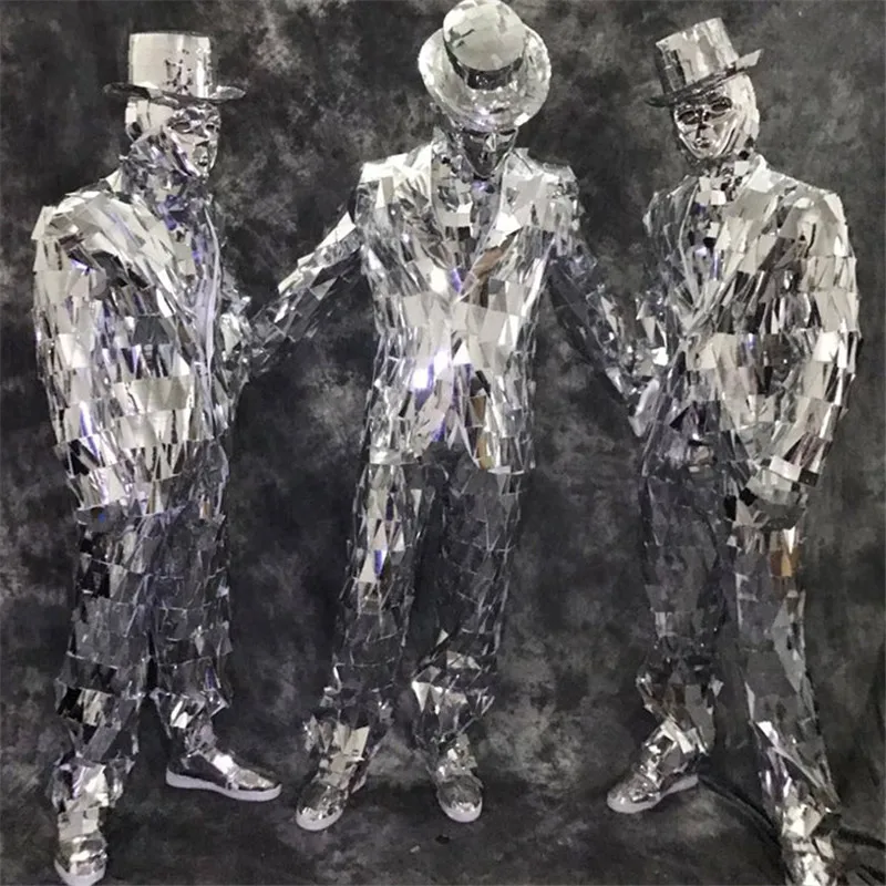 RE43 Party mirror men suit stage dance costumes silver mirror jacket bar perform wears mirror coat dj outfits silver disco mask