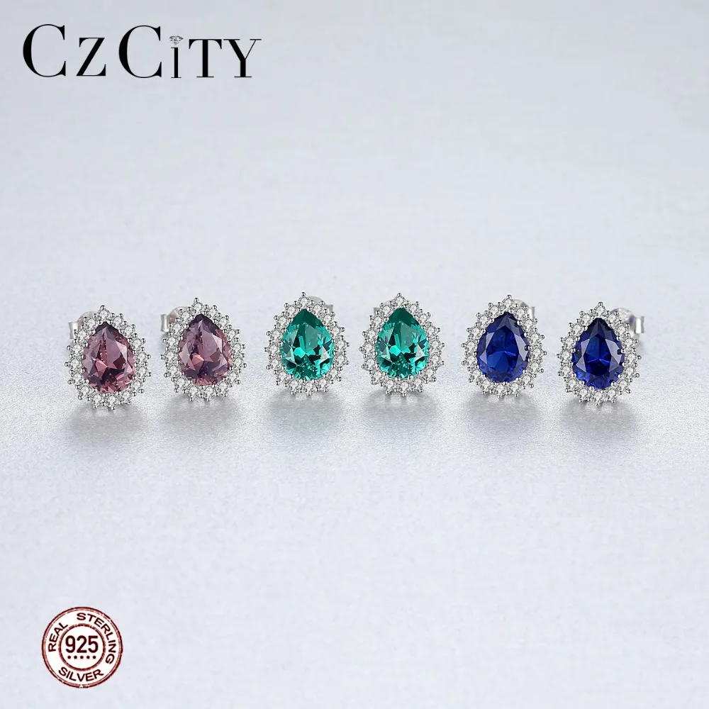 CZCITY 925 стерлингового серебра роскошный большой капли топаз серьги гвоздики для