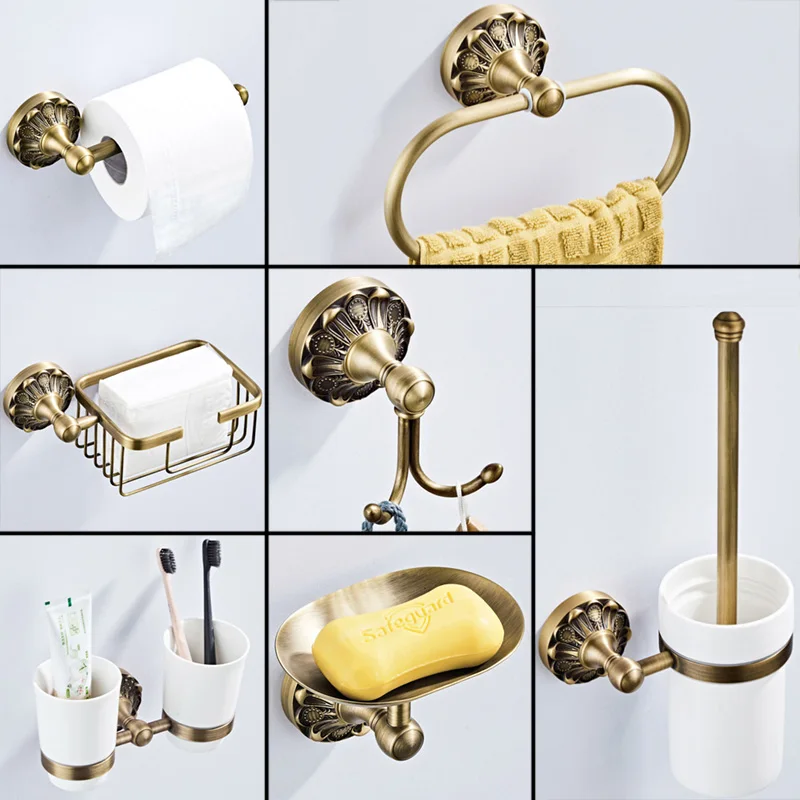 

Antique Bathroom Accessories Set Bronze Toilet Paper Roll Holder Bathroom Shower Soap Dish Robe Hook WC Brush Holder Towel Ring