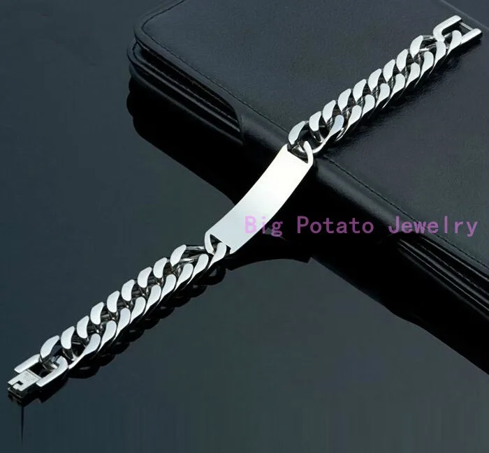Silver Color Cuban Link Chain With ID 316L Stainless Steel Bracelet Bangle For Strong Mens Jewelry 22cm*15MM High Quality | Украшения и
