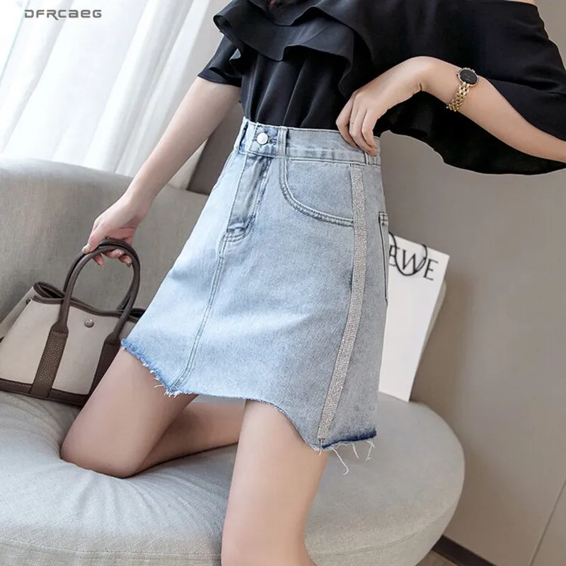 Светло синие горячие бурения Лоскутные Джинсовые юбки Femme 2019 Лето Уличная