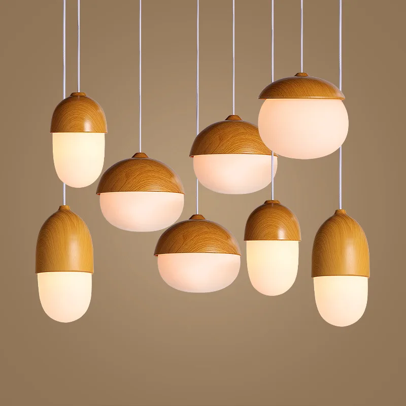 Creative Imitation Wood Nut Pendant Lamp Light Modern Glass Iron Suspension Ceiling Hanging E27 Luminaire Lighting Fixture | Лампы и