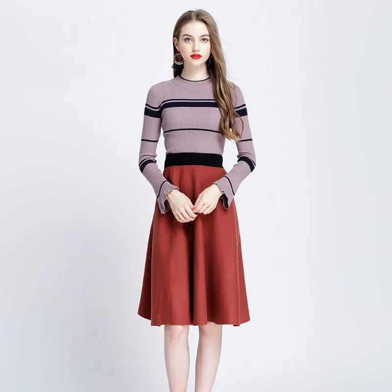 2018 spring new ladies sweater round neck trumpet sleeve long sleeves Korean fashion slim slimming top coat female A8819 | Женская