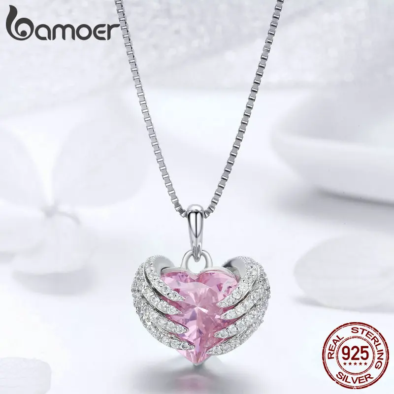 BAMOER подлинное 925 пробы Серебряное сердце стража Розовый CZ Крылья ангела кулон ожерелья для женщин Стерлинговое серебро ювелирные изделия BSN004