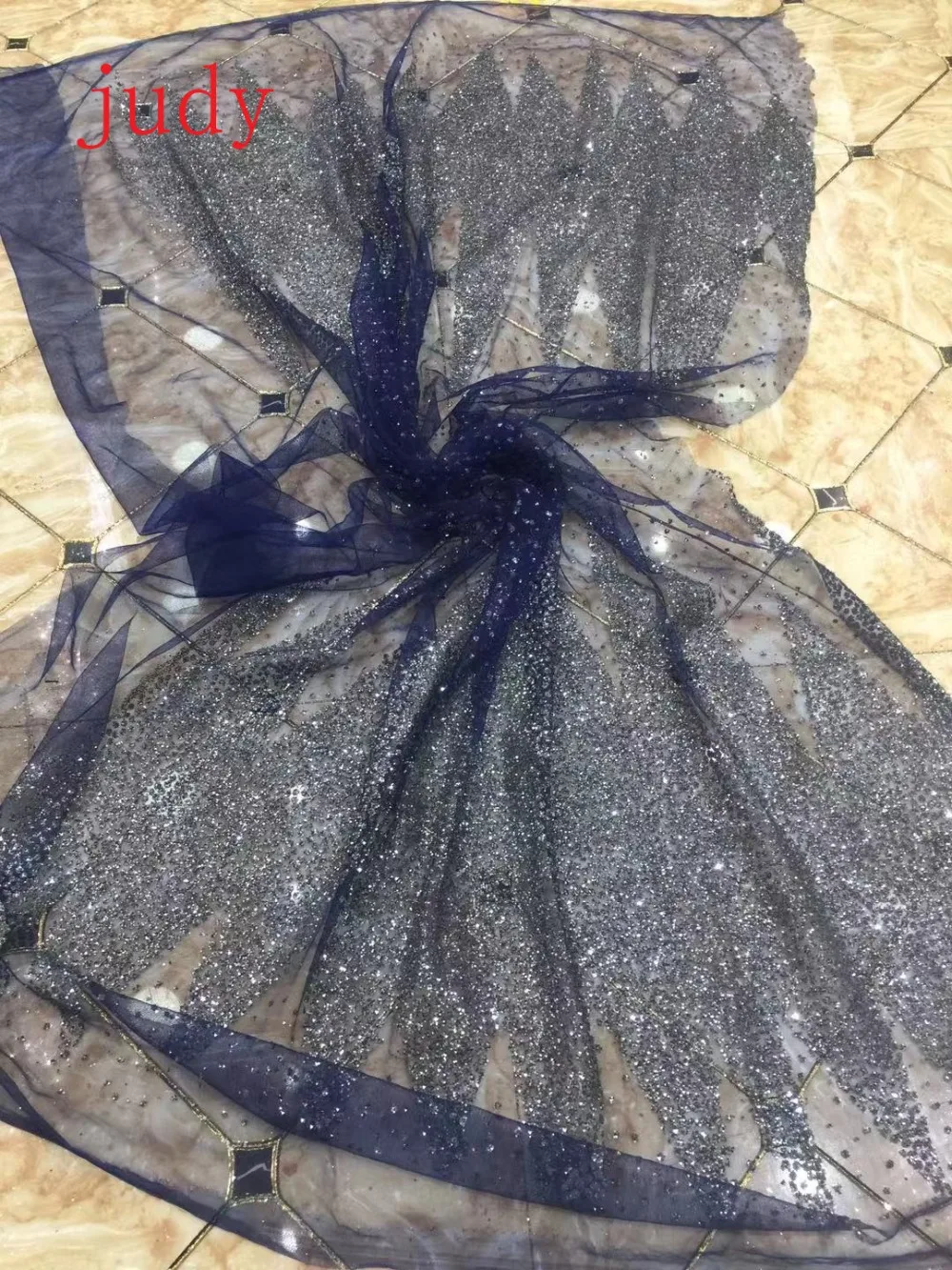 

stock 5yards/bag Silver serrated stripe and sparkle cloth French style blue mesh used in wedding dresses Free shipping