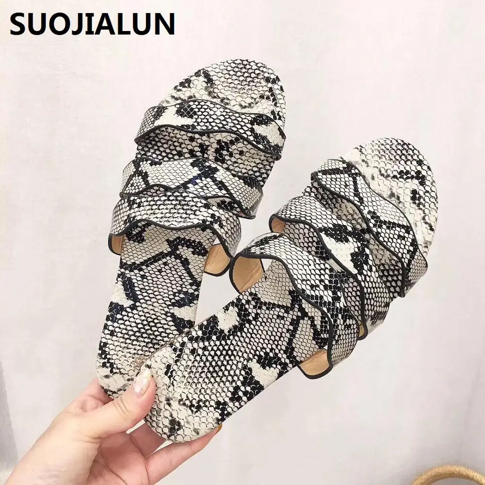 SUOJIALUN/2019 г. женские леопардовые сандалии на плоской подошве летние шлепанцы