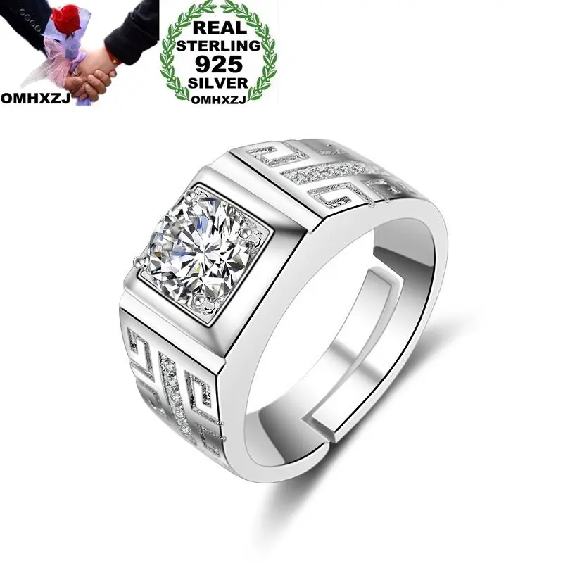 

OMHXZJ Wholesale European Fashion Man Party Wedding Gift Silver White Square AAA Zircon 925 Sterling Silver Ring RR174