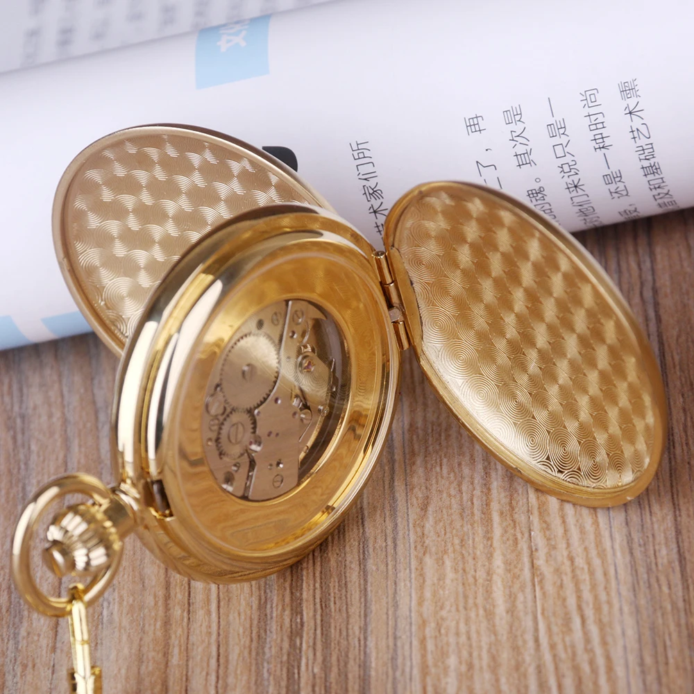 High Quality Golden Moon Phase Mechanical Pocket Watch Roman Number Tourbillon Dial Pendant Chain Men Women Gifts For Dad