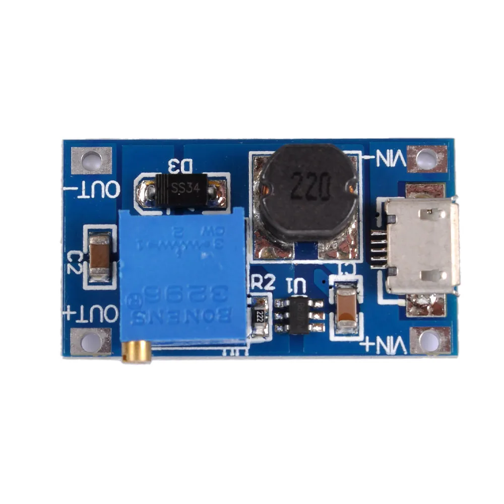 5 шт. MT3608 DC регулируемый Повышающий Модуль 2A с MICRO USB 2 V 24 5V 9V 12V 28V LM2577 #