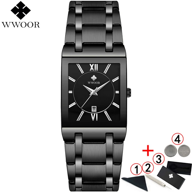full black box WWOOR мужские часы Топ бренд класса люкс Золотые Квадратные аналоговые кварцевые часы мужские водонепроницаемые золотые мужские наручные часы - Цвет: full black box