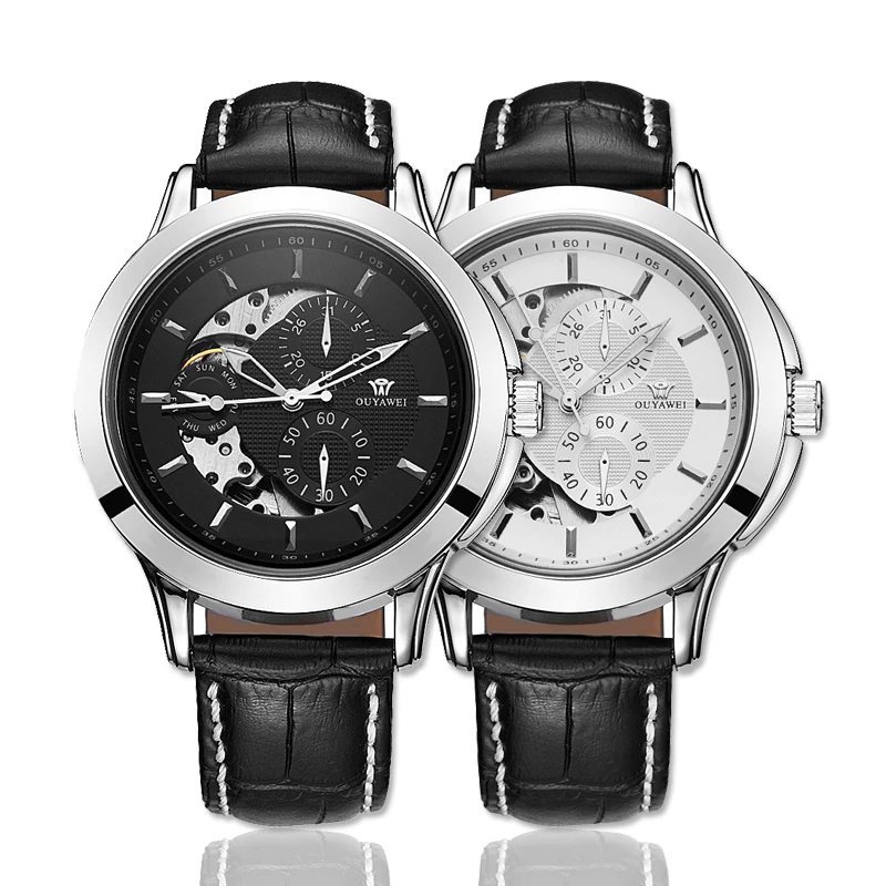 Ouyawei Montre Automatique Homme бизнес стиль черные кожаные автоматические часы с