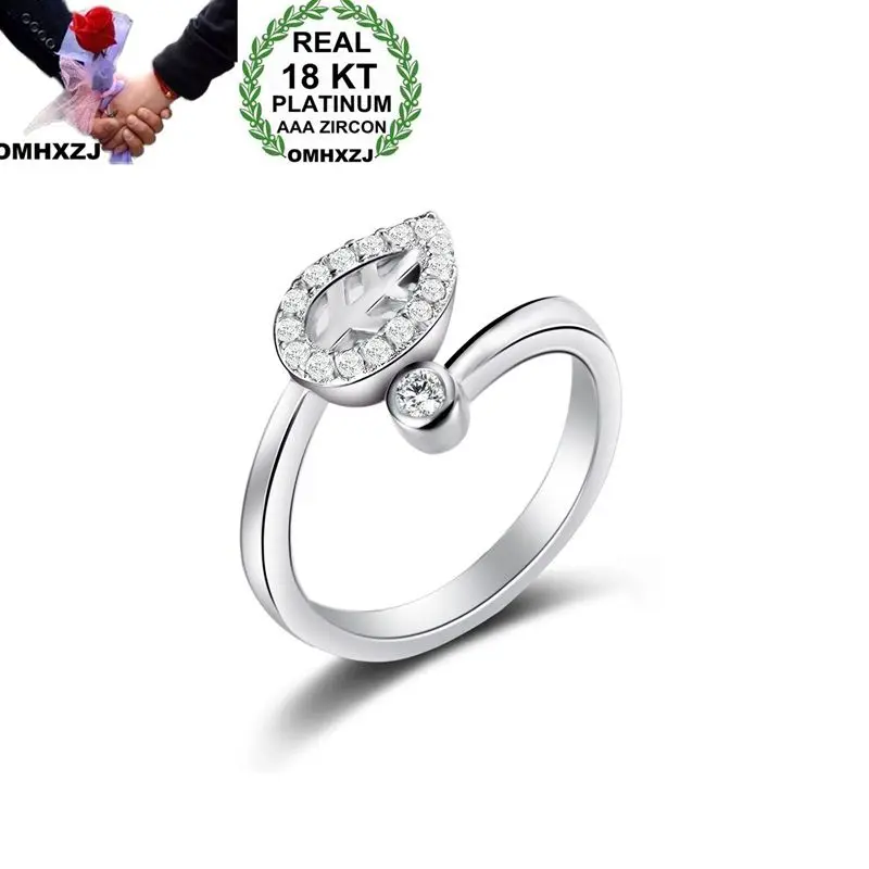 

OMHXZJ Wholesale European Fashion Woman Man Party Wedding Gift Leaf White Open AAA Zircon 18KT White Gold Ring RR702