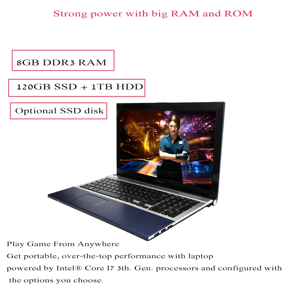 15," Intel Core I7 ноутбук 8 Гб Оперативная память 1 ТБ& 120 ГБ SSD Камера WI-FI Windows 10 игровой ноутбук