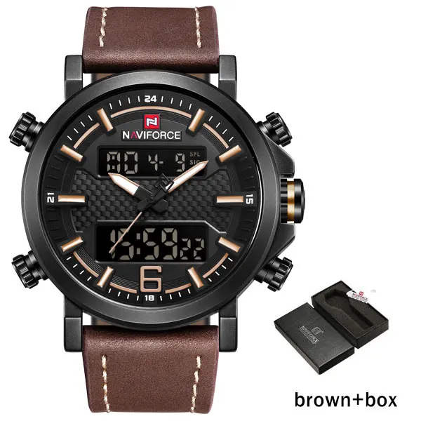 brown box NAVIFORCE модные мужские часы с двойным дисплеем, военные армейские часы с кожаным ремешком, цифровые часы, мужские стильные водонепроницаемые часы 30 м - Цвет: brown box