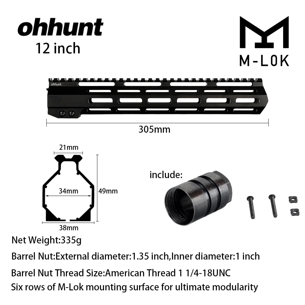 12 inch Black Ohhunt " 9" 1" 12" 13," 15" 1" AR15 поплавок M-LOK Handguard Пикатинни тонкий стиль стальной баррель гайка для прицела - Цвет: 12 inch Black