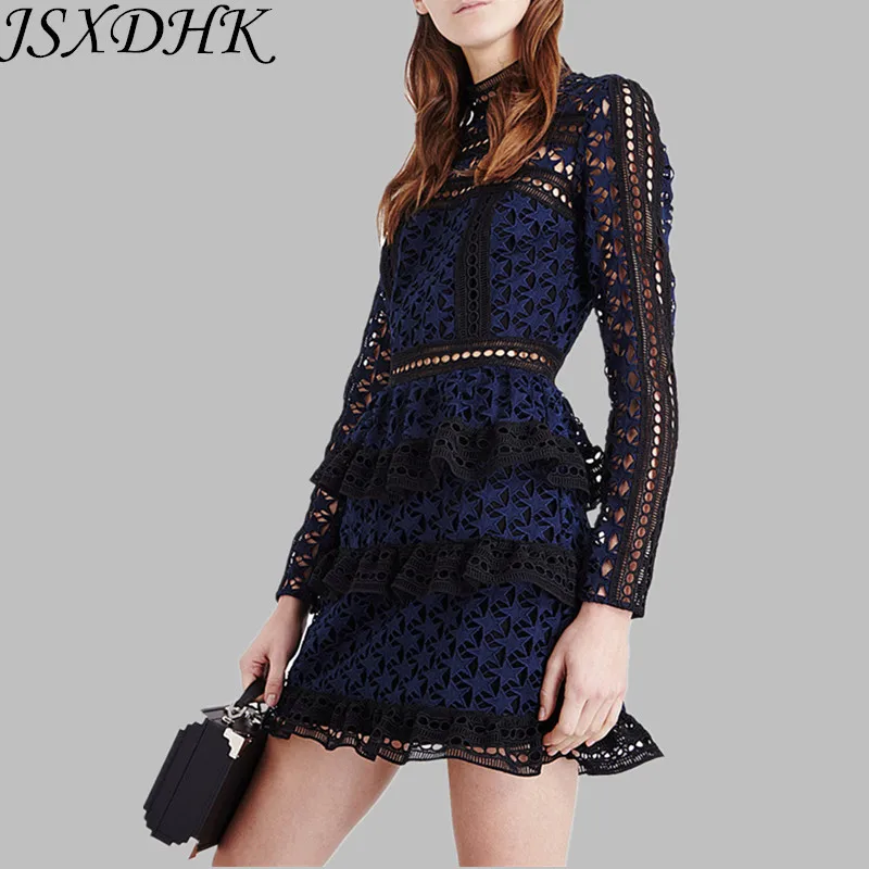 

JSXDHK Self Portrait Spring Autumn Layers Ruffles Party Dress Runway Women's Patchwork Lace Hollow Out Stars Cake Holiday Dress