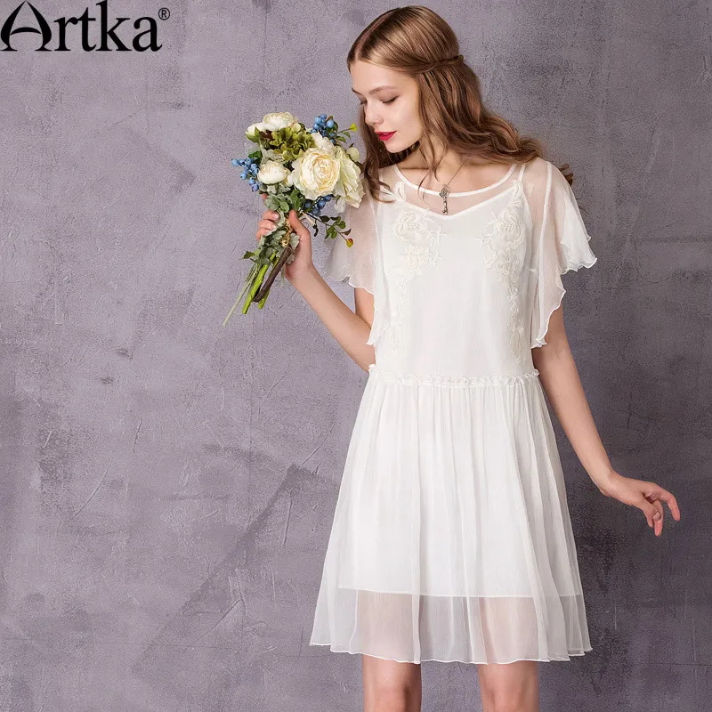 ARTKA Женская 2018 Лето Белый хлопок и шелк вышивка платье Винтаж o образным вырезом