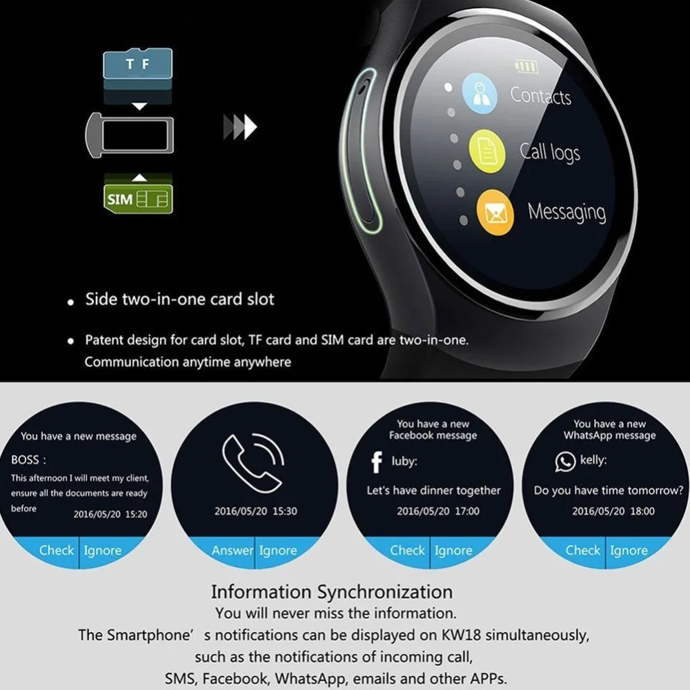 KW18 Bluetooth Смарт-часы Полный Экран Поддержка SIM TF карты Smartwatch телефон сердечного ритма для Apple Шестерни S2 huawei Xiaomi