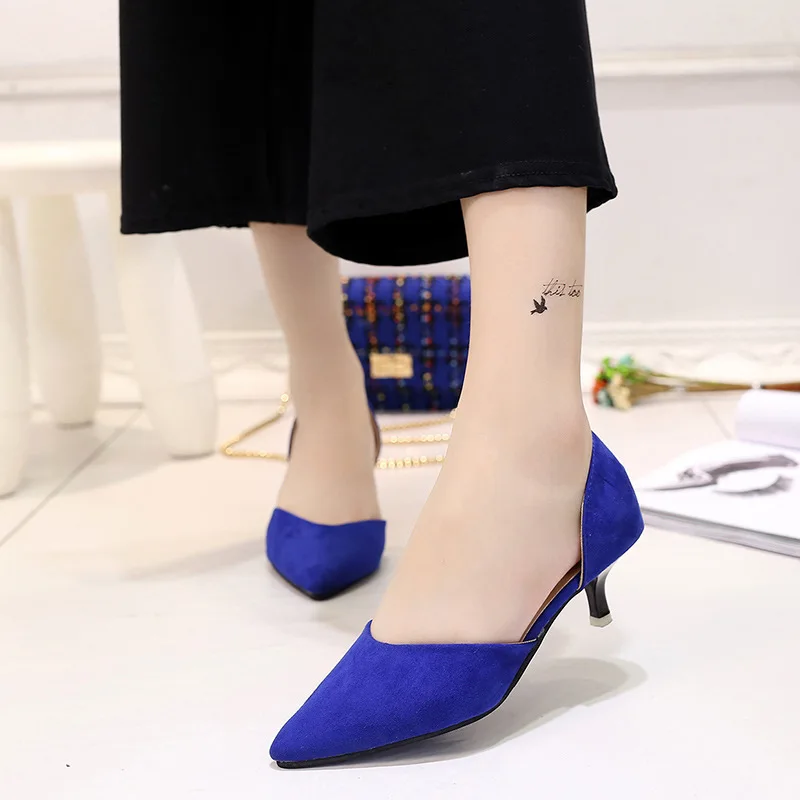 Женские туфли стилеты LISCN синие тонкие на высоком каблуке с острым носком низком