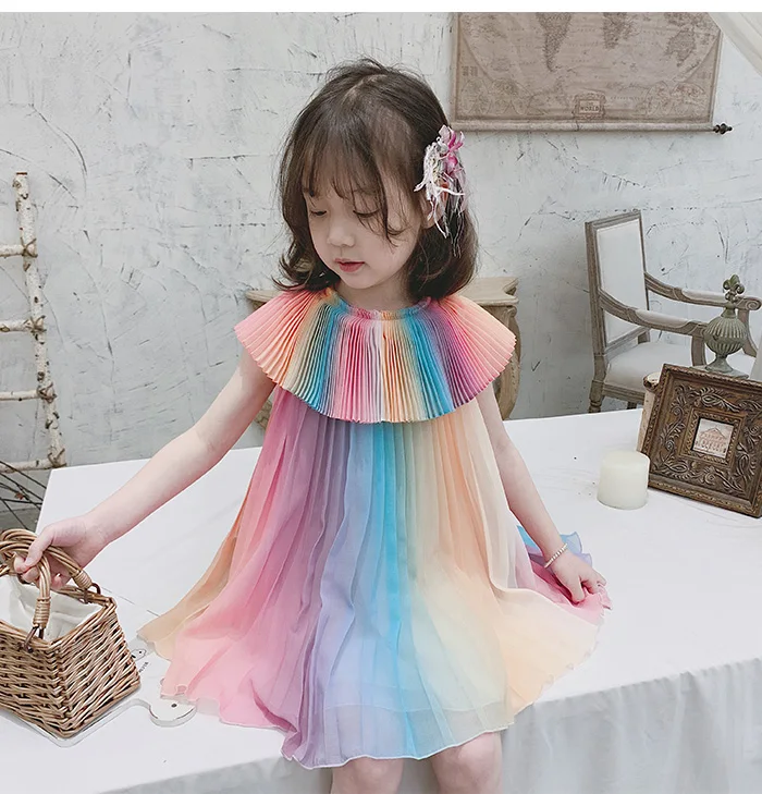 Design Rainbows Baby Girls Pleated Dresses Chiffon Fairy Party Dress Clothes Cute Maid Kids | Детская одежда и обувь