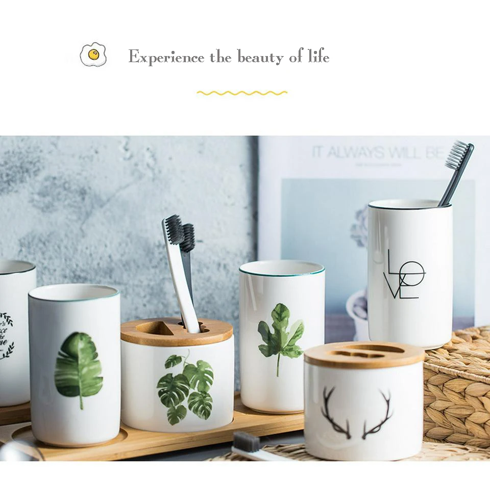 Green Pattern Ceramic Toothbrush Cup Set Nordic Fashion Simple Couple Mouth Mug Bathroom Accessories Good Looking Food Container