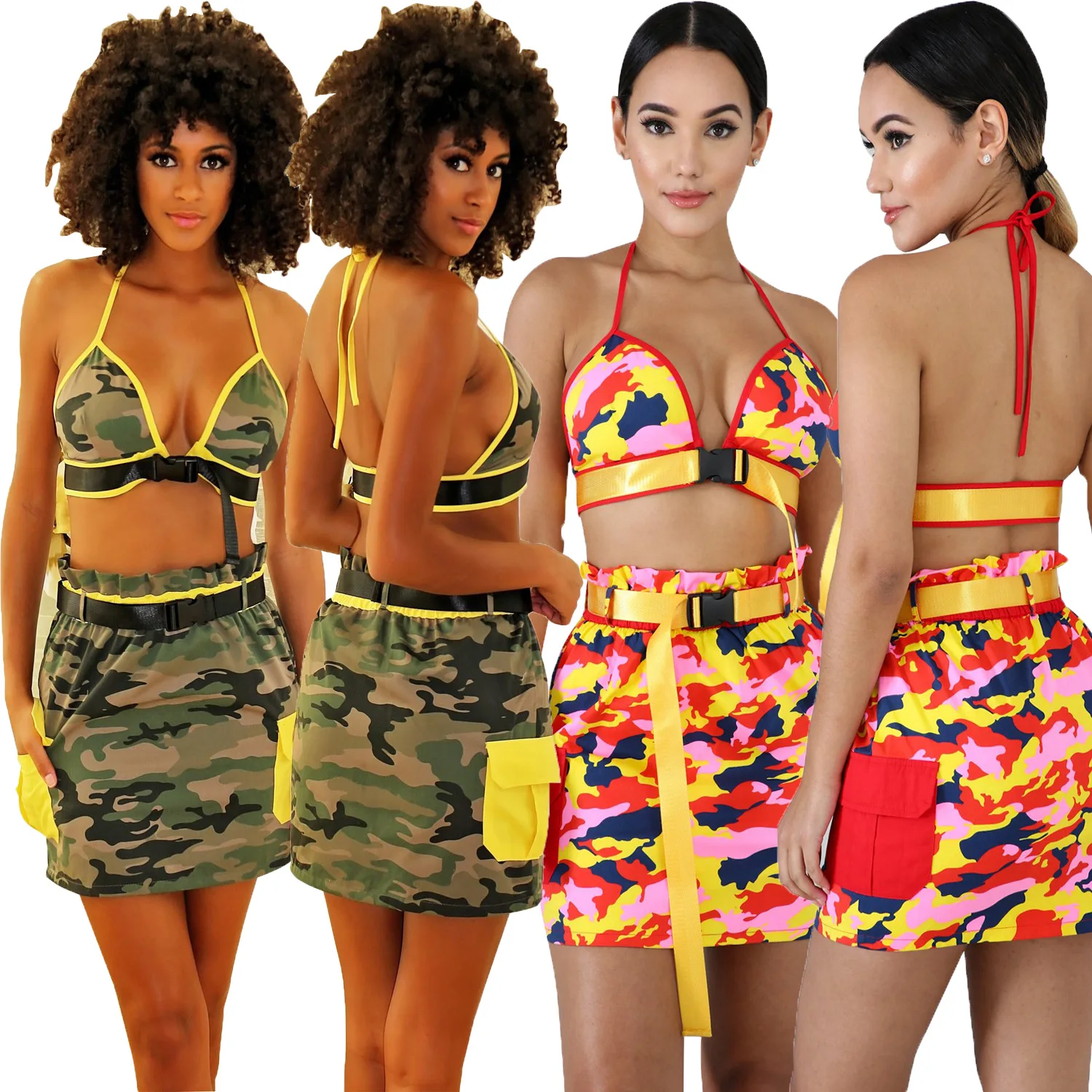 Новый летний женский Камуфляжный бюстгальтер с принтом топ пряжкой выше колена