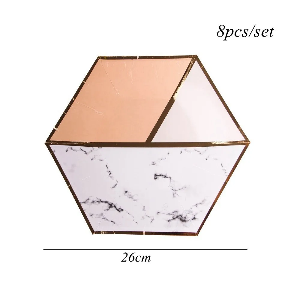 8p rose gold plate B 1 Набор, Мраморная позолота, одноразовая посуда, розовое золото, бумажный стаканчик/тарелки/соломинки, украшение стола, для дня рождения, свадьбы, вечеринок - Цвет: 8p rose gold plate B