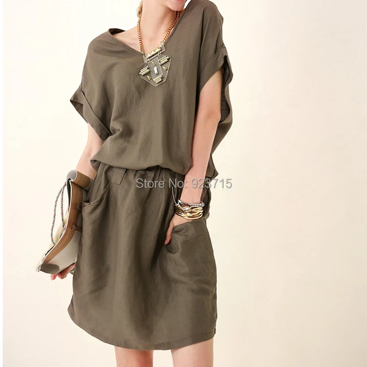 queen European linen dress summer women's casual style V -neck loose commoner was thin cotton drawstring | Женская одежда