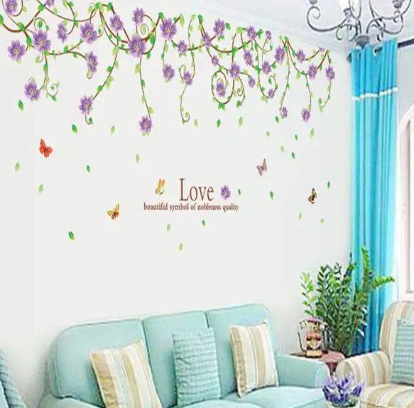 Фиолетовые настенные наклейки в виде лозы и бабочки для гостиной декоративные на