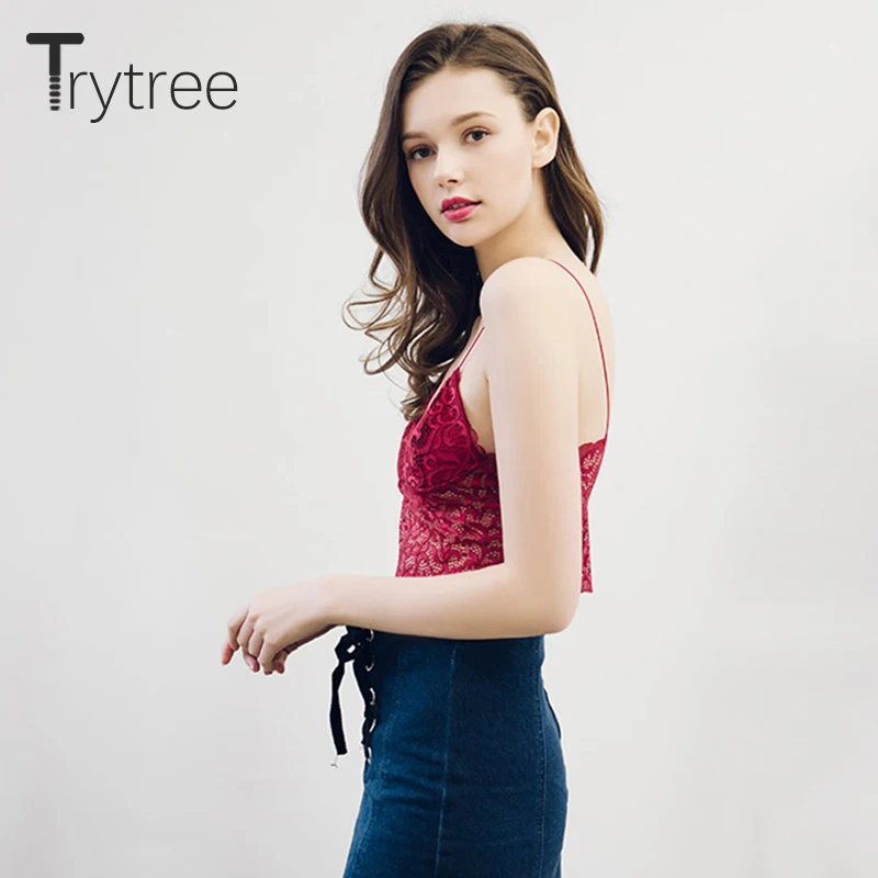 Trytree женский укороченный топ из полиэстера на бретелях летний кружевной без