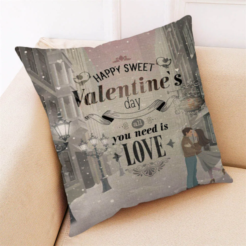 Подушка с надписью Happy Valentines Day 45*45 см, хлопковая льняная Наволочка на День святого Валентина, декоративная наволочка для пары