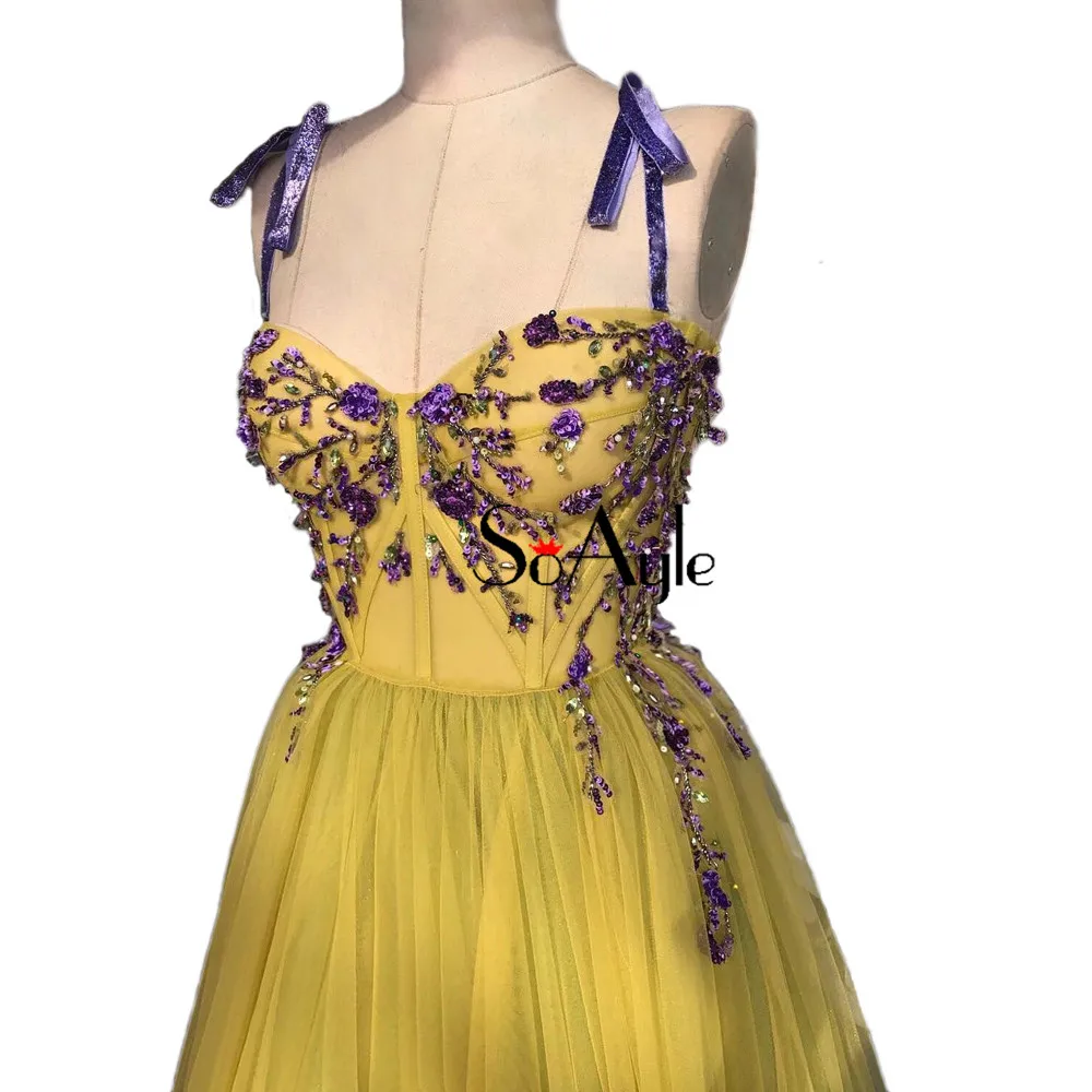 SoAyle Бальные платья для выпускного вечера Vestidos De Festa блесток бисером Спагетти ремни женские великолепные пышные платья Arabia - Цвет: yellow