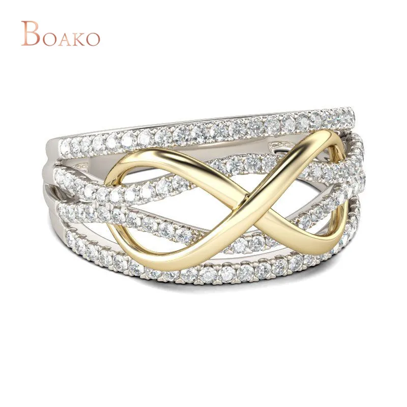 Fashion Women White Cubic Zircon Gold Silver Color Rings for Women Multilayer Twisted Cross Weaving Wedding Rings Z4