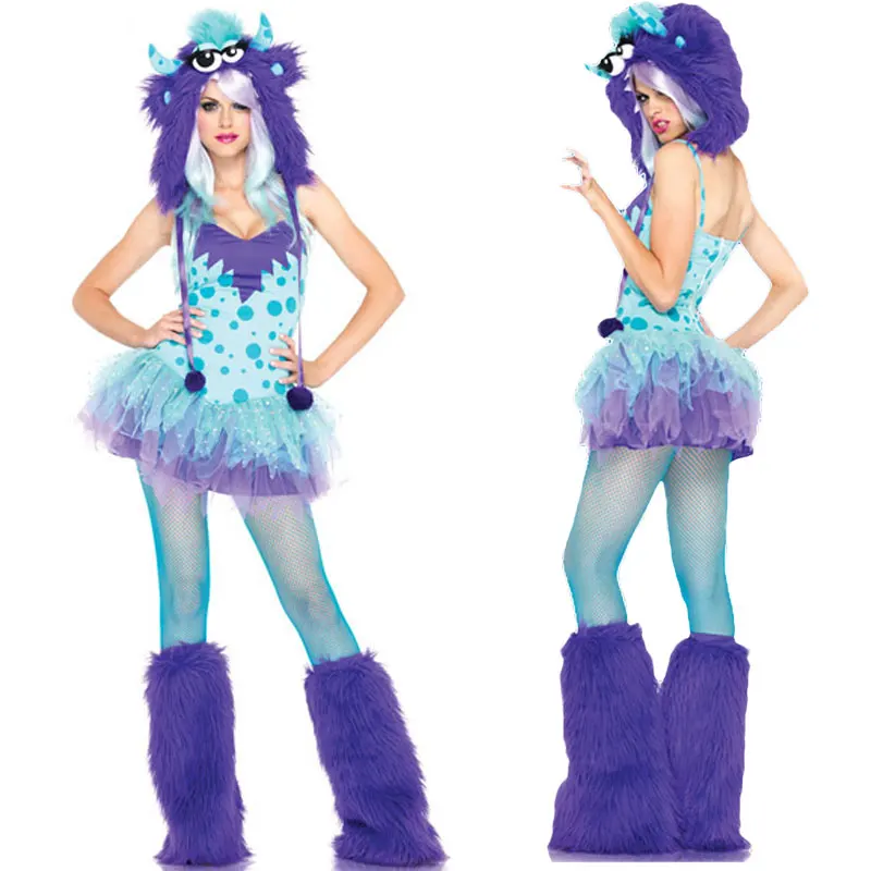 

Sexy Plush Costume Set Women Monster James P. Sullivan Cosplay Winter Hat Female Leg Warmer Halloween Christmas Party Mini Dress