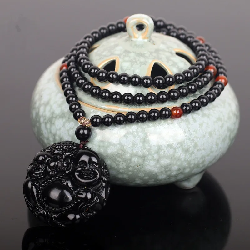 Sennier Природный камень обсидиан 6 мм 108 бусины Будда Майтрея браслеты Тибетский