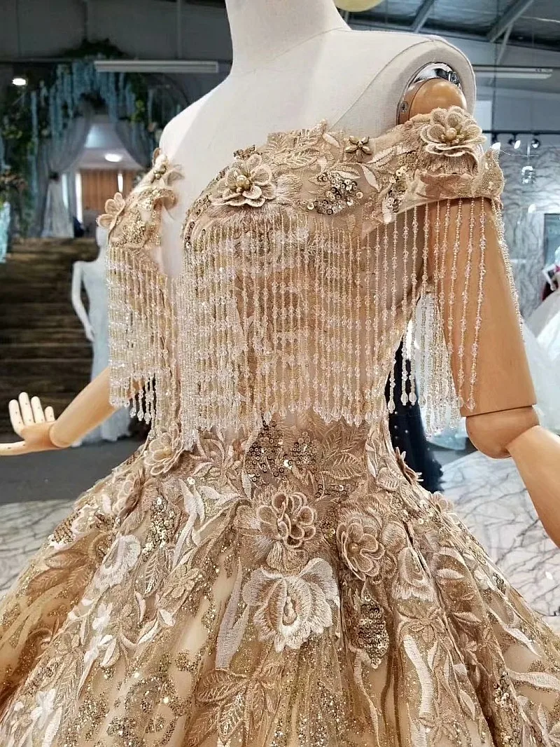 LS65885 Роскошные Дубай вечернее платье с открытыми плечами Милая Золотой кружево