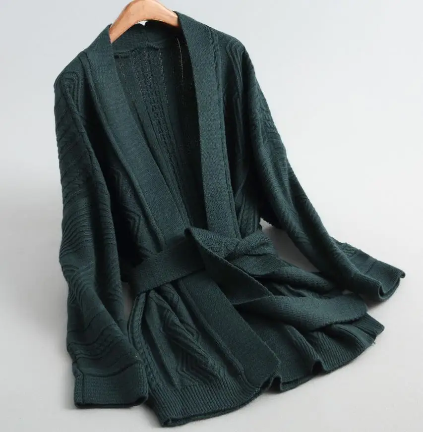 Knitted cardigan Women fashion warm winter oversize sweater v-neck belted loose coat |